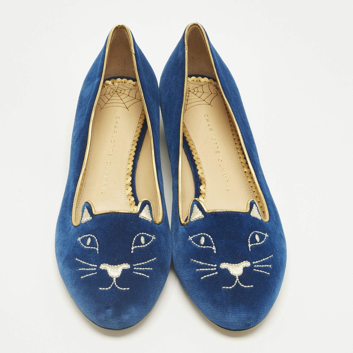 Charlotte Olympia Navy Blue Velvet Kitty Ballet Flats Size 40 | eBay