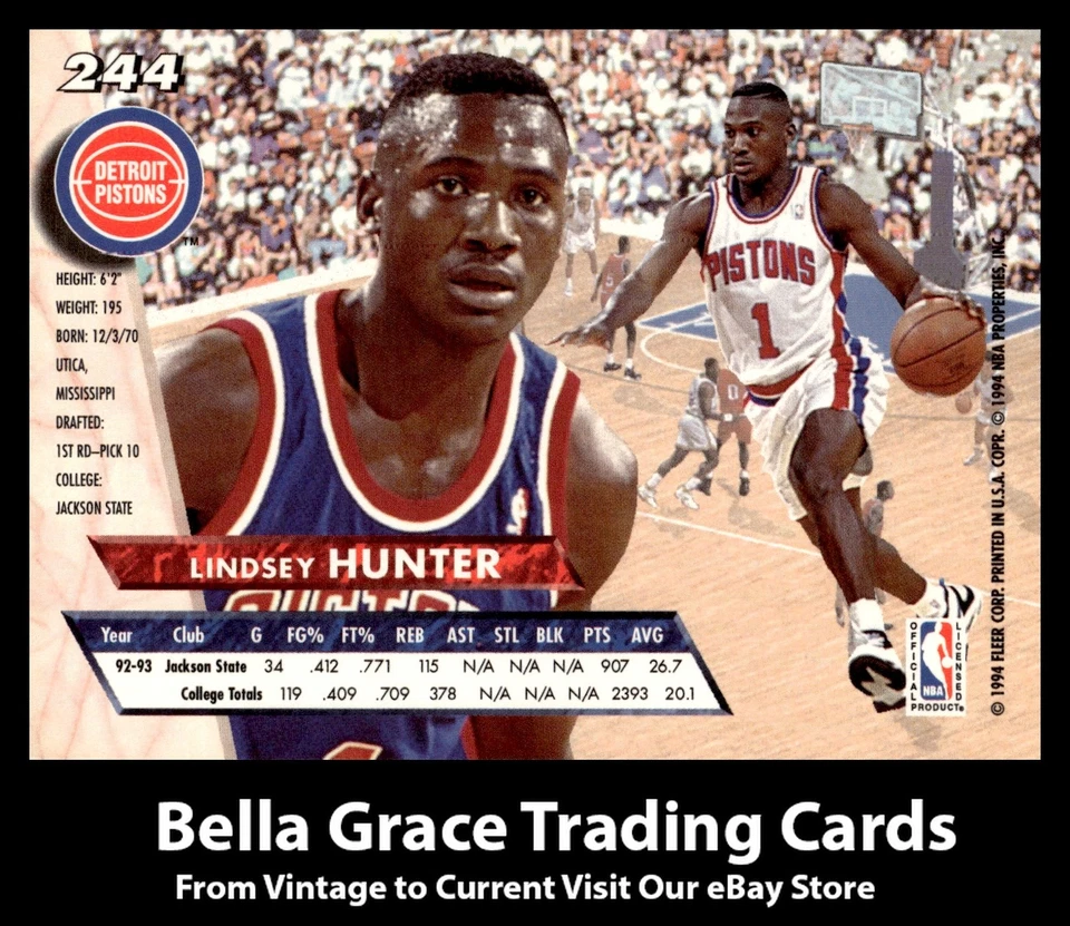 1993-94 Fleer Ultra Lindsey Hunter #244 Detroit Pistons Rookie NBA Basketball - Image 2 of 2