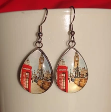Great British Vogue Red Telephone Box & Big Ben Handmade Glass Earrings UK Theme
