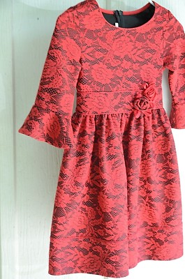 Robe Fille Bonnie Jean Taille 8 - Rouge Floral, Manches 3/4 - Occasion Très Bon état