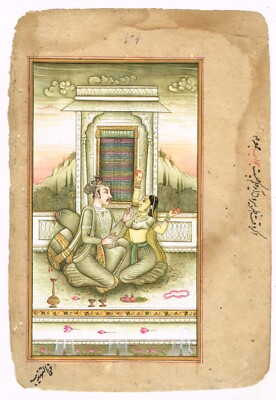 Hand Miniatur Malerei Of King Akbar & Queen Jodha Bai Auf Terrasse 14.6x21.6cm