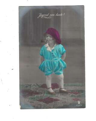 SD1095 THE YOUTH OF TODAY LITTLE BOY FUNNY CAP SMOKING A PIPE  RPPC HAND. COL