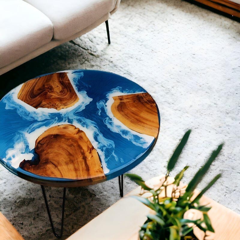 Ocean Epoxy Table, Epoxy Ocean Waves River Table, Round Wood & Epoxy Side Table-image