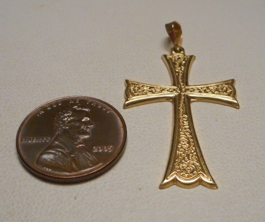 14K Yellow Gold Embossed Cross Pendant w Flared E… - image 4