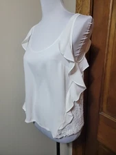 LC Lauren Conrad White Blouse Crochet Back Ruffle Lined