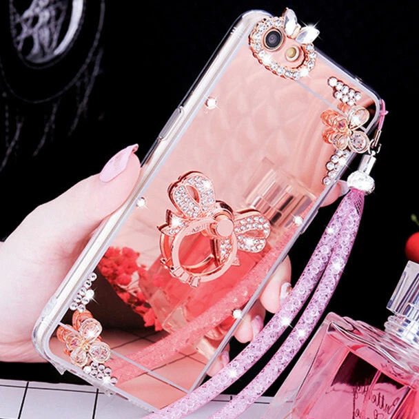 3D Girls' Mirror Bling Diamond Rhinestone Ring Kickstand Phone Soft Case Cover - Image 2 of 4