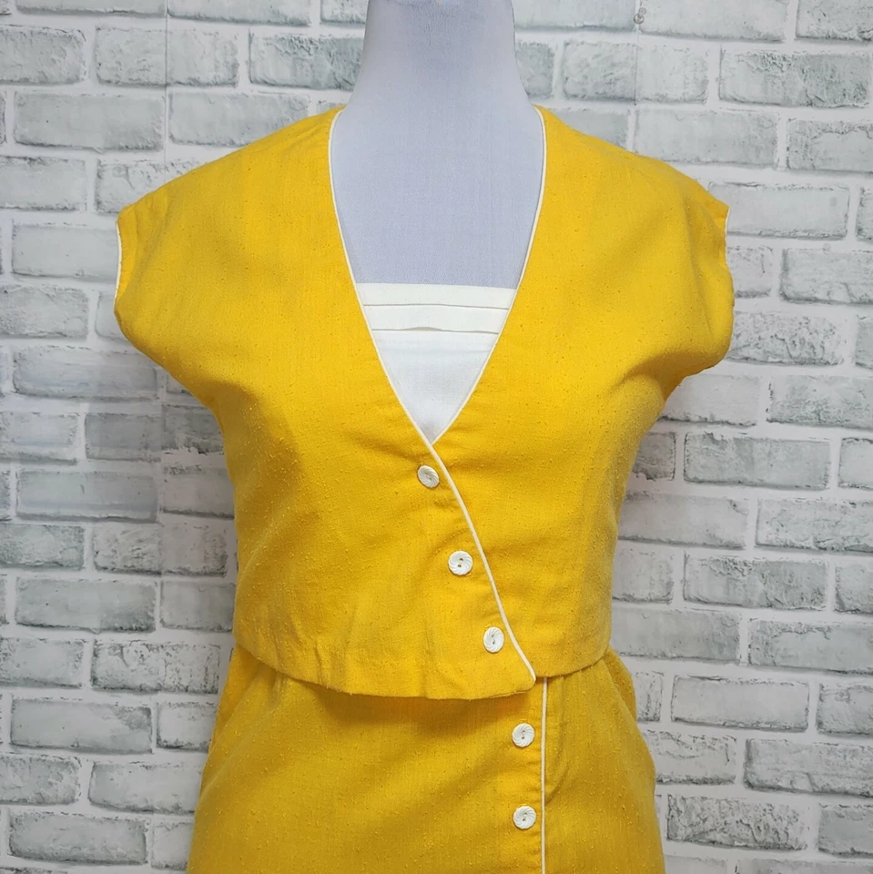 Vintage Anos 70 Trivia By Charm of Hollywood 2 peças Vestido Bolero Conjunto Colorblock Amarelo - Imagem 3 de 4