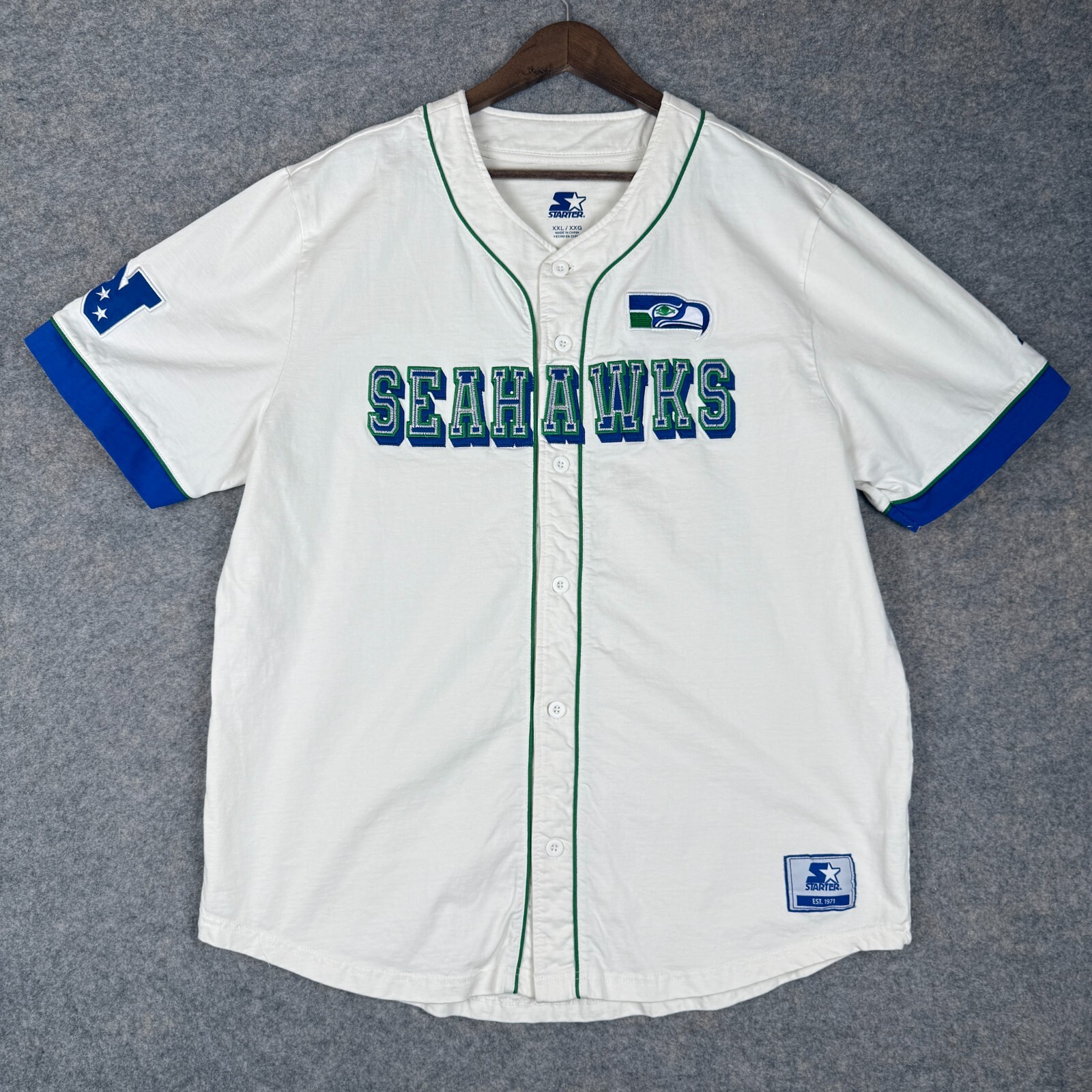 Starter Seattle Seahawks Baseball Jersey Top Relay Vintage Cream Embroidered 2XL