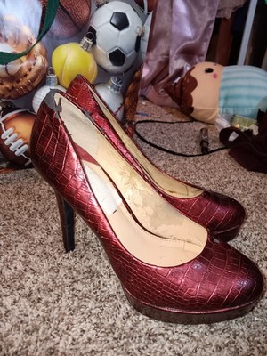 Red Animal Print Stiletto Pumps Synthetic Round Toe Slip On Women's Size 7