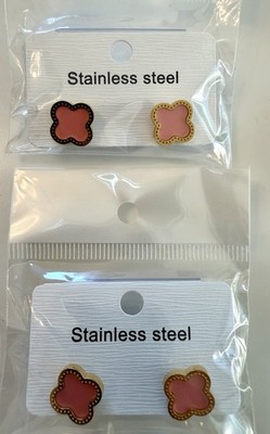 Stainless Steel Pink Clover Stud Earrings Butterfly Closure Fashion Jewelry