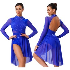 Womens Dress Ballroom Skirts Fitness Dancewear Backless Glittery Dancing Dance