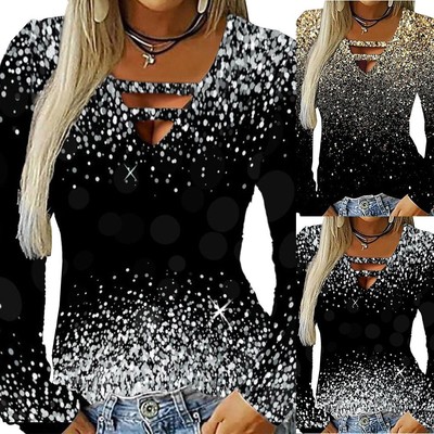 Glamouröses Damen V-Ausschnitt Langarm glänzend Print Shirt Freizeit Pullover Tee