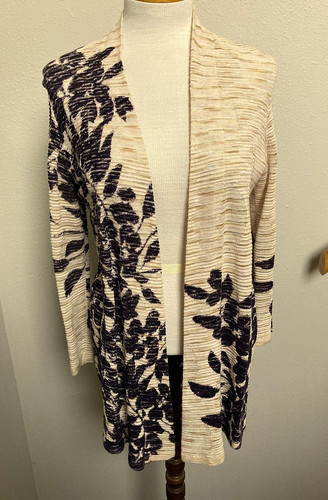Nik + Zoe-L/S-Ribbed-Open Front Sweater-Tans/Dk. Purple-Cotton Blend-S-EUC