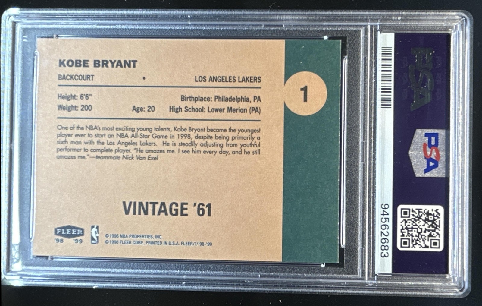 1998-99 Fleer Tradition Kobe Bryant Vintage '61 #1 Lakers PSA 9 view 2