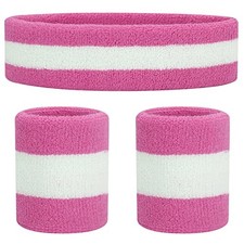 Sweatbands Set Headband Wristbands Neon Sports Fitness 80s Pink/White/Pink