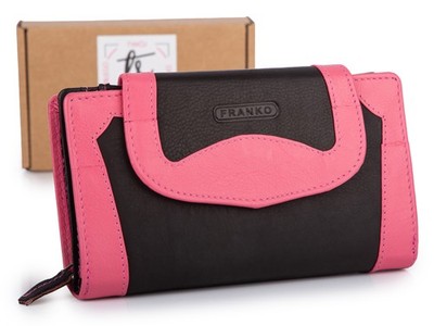Franko Damenportemonnaie groß, schwarz-rosa, Naturleder, elegant