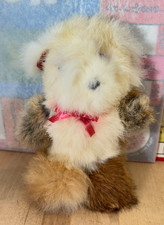 Vintage Teddy Bear Plush Real Fur  Stuffed Animal, Red Ears and Bow, 7"