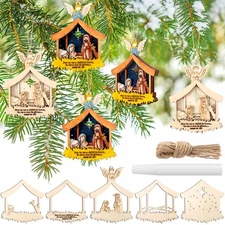 Gerrii 15 Sets Unfinished 3D Wooden Nativity Scene Crafts Ornaments Kit