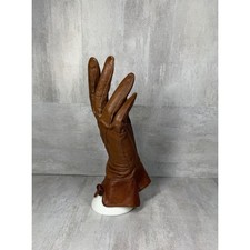 Vintage Womens Cognac Brown Leather Gauntlet Gloves Lined Toggle Accent 60s