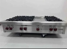Wolf 48” Range Top  - RT486G    -6 Burners + Griddle Stainless Steel Red Knobs
