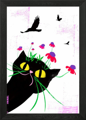 Verspielte schwarze Katze mit Vögeln gerahmtes Wandbild Poster Leinwanddruck Bild