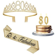 80th Birthday Decorations for Women Gold with Sash and Tiara, Gold Number Can...