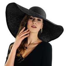 Noble Straw Wide Brim Hat Floppy Beach Sunhat with White Brim Solid-Black
