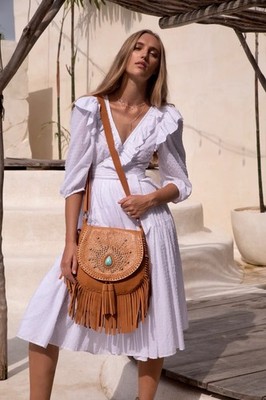 Jodi Lee Peacock Suede Fringe Bag With Turquoise And Stud Embellishment