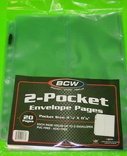 (20) 2-POCKET #10 ENVELOPE PAGES, FOR COVERS,PHOTOS, ARCHIVAL SAFE-CRYSTAL CLEAR