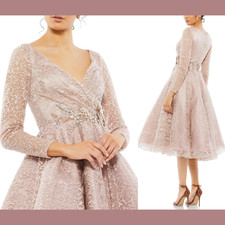 NWT $698 Mac Duggal [ 14 ] Lace V- Neck Long Sleeve Tea Length Dress Mocha G1393