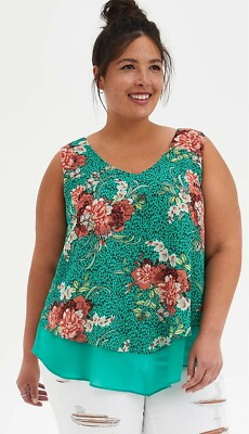 BNWT Torrid Plus Size 4 (26) Chiffon Green Leopard Floral Double Layer Top 