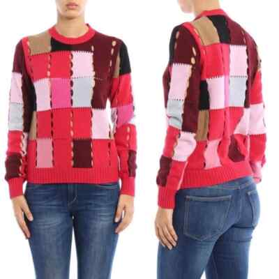 MSGM Patchwork Perforated Wool-Blend Crewneck Sweater 