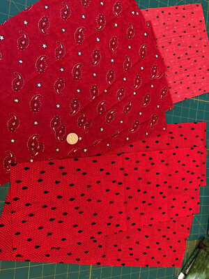 3 Different Summer Red Pattern Cotton Fabric Pieces  Watermelon & Bandana OOP #!