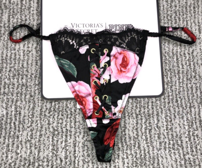 Victoria's Secret Atelier NWT XXL Black Satin Lace Trim Thong Panty Floral