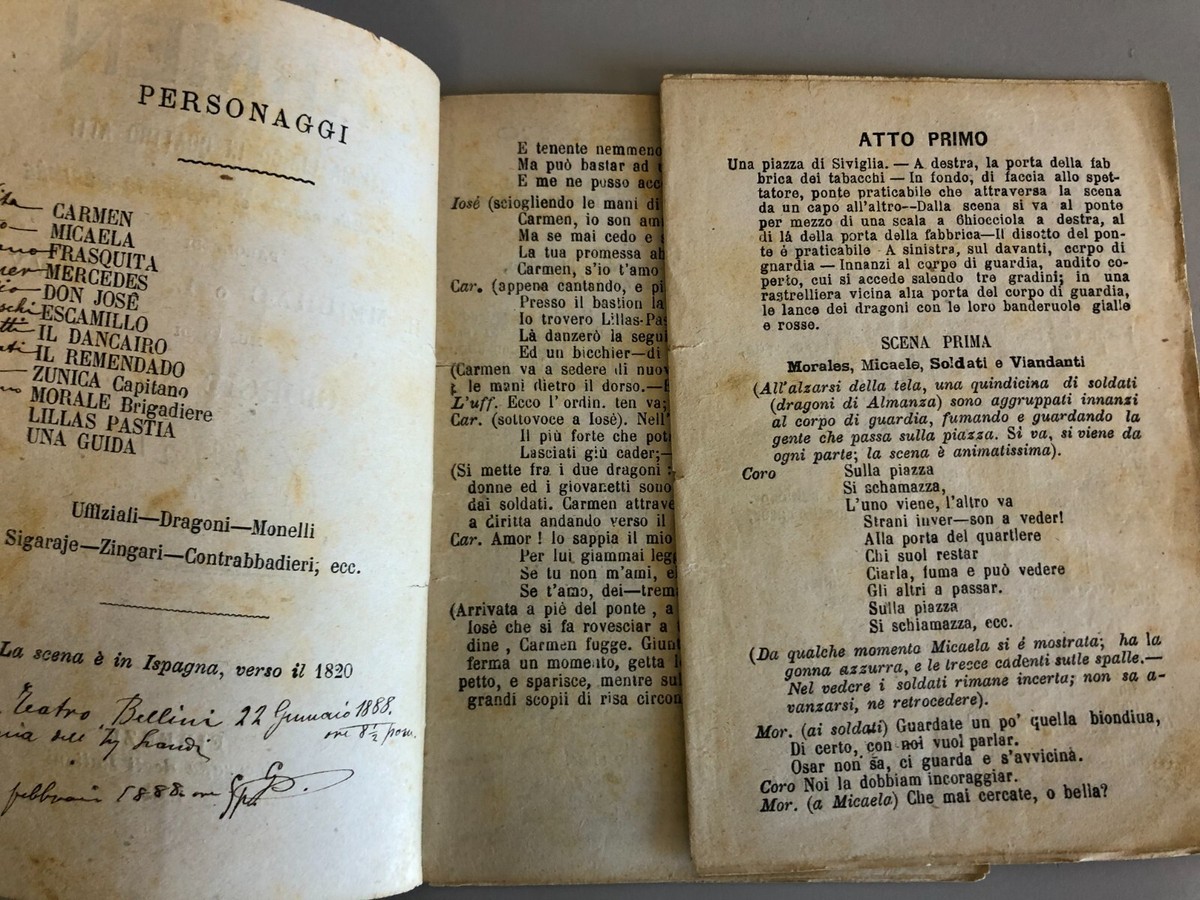 Raro antico libretto Carmen Bizet Tipografica degli Italiani 1884