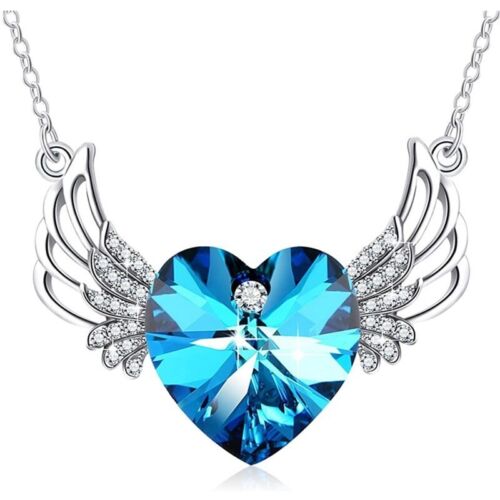 Dainty Silver Angel Wing Blue Heart Guardian Angel Pendant Necklace Jewelry - Picture 1 of 4