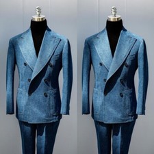 Blue Denim Men's Suits Double Breasted Peak Lapel Tuxedos Wedding Party Blazer