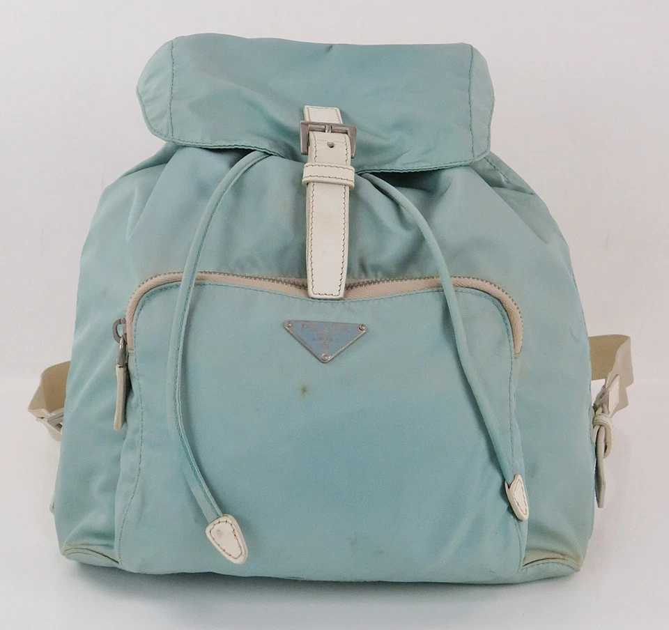 Auténtica Mochila Bolso Cartera PRADA Azul Nylon y Cuero Blanco #57123 Foto 2 de 4