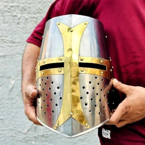 Medieval Crusader Templar Knight Helmet with Mason's Brass Cross Design-image