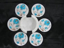 4.5 Inches Turquoise Stone Inlay Work Coffee Coaster Set Marble Beer Coaster