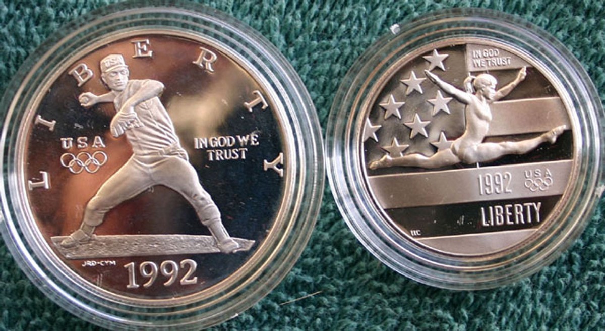 1992 Olympic 2 Coin Set Proof 90% Silver Baseball Dollar Gymnast