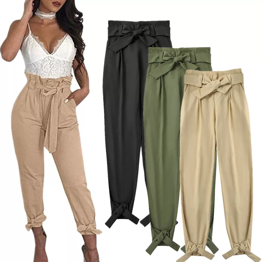 Women Solid Casual Work Trousers High Waist Ruffle Bow Tie Pants