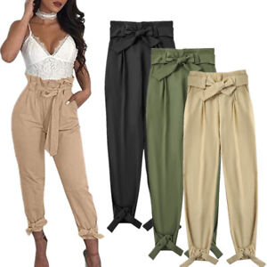 Women Solid Casual Work Trousers High 