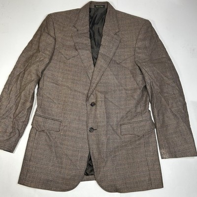 Vtg Circle S Men Western Brown Houndstooth 100% Wool Sport Coat Tweed Size 42L