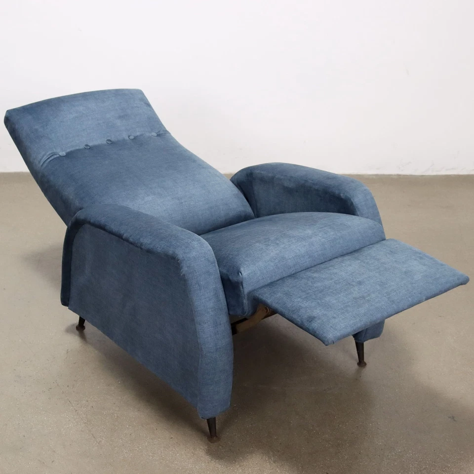 Fauteuil Inclinable Vintage Tissu Bois Italie des Années 1960 Original - Photo 3/4