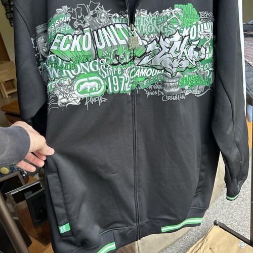 Y2K Ecko Unltd Black Green Track Jacket Zip Up Coat Graffiti Hip Hop Rap Size XL - Picture 17 of 20