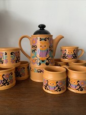 Rare Vintage Retro Sadler OWL FOLK ART 1970s  Purple Orange  Black Coffee Set