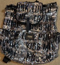 PINK Metallic Sequin Drawstring Backpack, Black/Silver Shoulder Strap