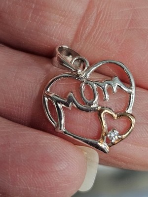 925 Silver Heart With MOM & a Gold Plated Heart With CZ Pendant Gift For MOM