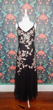 Vintage Y2K Black Beige Beaded Mesh Applique Formal Prom Gown Slip Dress